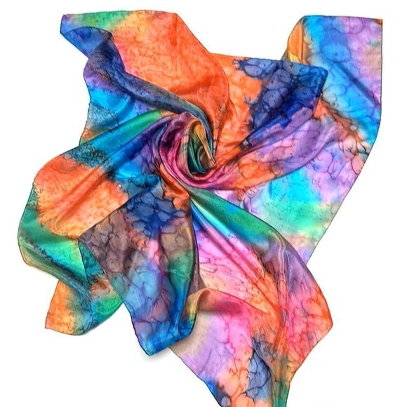 Silk Square Scarf by Lotus Watercolor Tie Dye 35" Blue Orange Green Hand Rolled - Picture 1 of 11